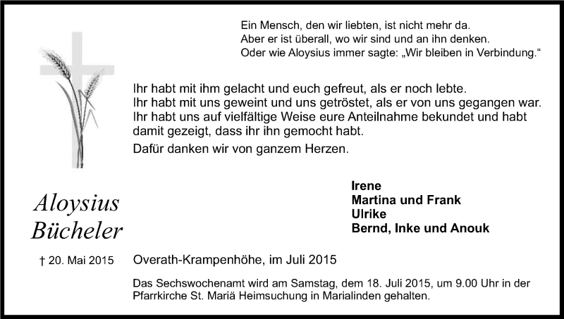  Traueranzeige für Aloysius Bücheler vom 10.07.2015 aus Kölner Stadt-Anzeiger / Kölnische Rundschau / Express