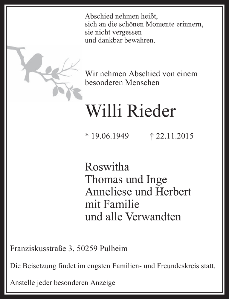  Traueranzeige für Willi Rieder vom 25.11.2015 aus  Wochenende 