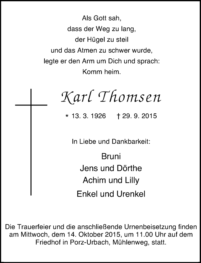  Traueranzeige für Karl Thomsen vom 07.10.2015 aus  Kölner Wochenspiegel 