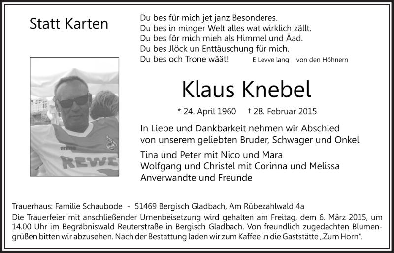  Traueranzeige für Klaus Knebel vom 04.03.2015 aus  Bergisches Handelsblatt 