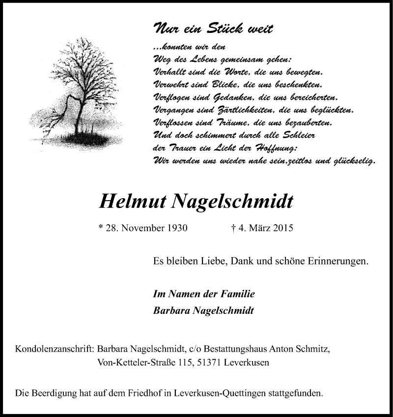  Traueranzeige für Helmut Nagelschmidt vom 14.03.2015 aus Kölner Stadt-Anzeiger / Kölnische Rundschau / Express