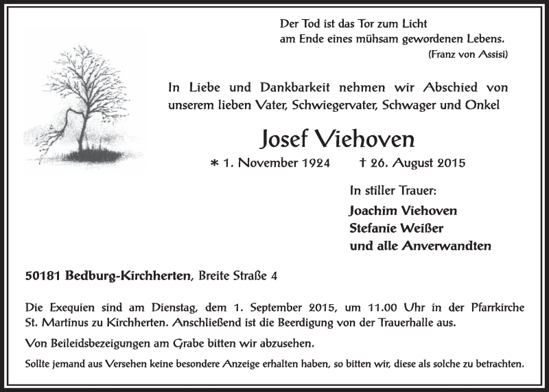  Traueranzeige für Josef Viehoven vom 29.08.2015 aus  Sonntags-Post 