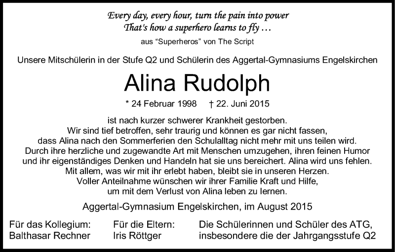  Traueranzeige für Alina Rudolph vom 08.08.2015 aus Kölner Stadt-Anzeiger / Kölnische Rundschau / Express