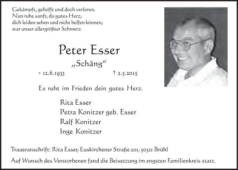  Traueranzeige für Peter Esser vom 20.05.2015 aus  Schlossbote/Werbekurier 