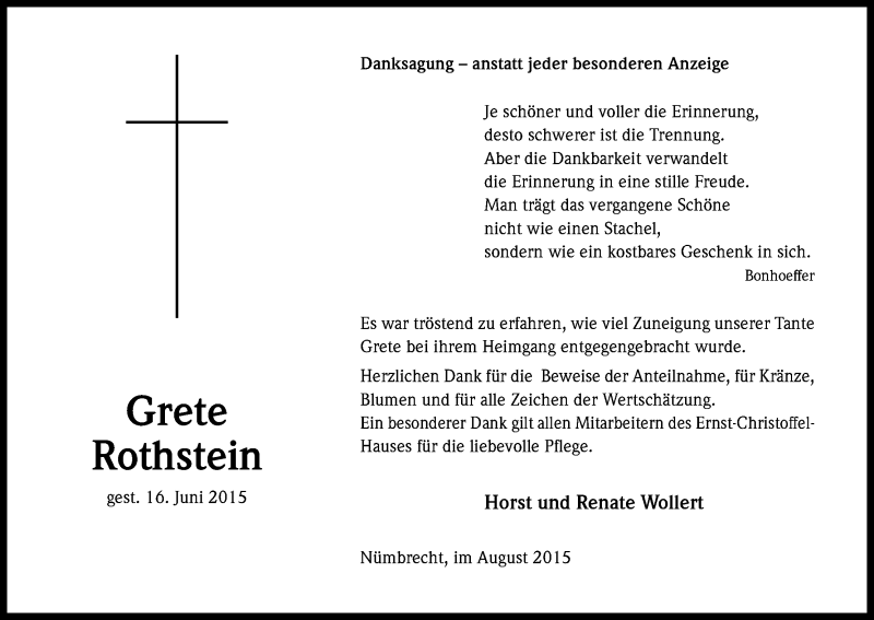  Traueranzeige für Grete Rothstein vom 03.08.2015 aus Kölner Stadt-Anzeiger / Kölnische Rundschau / Express