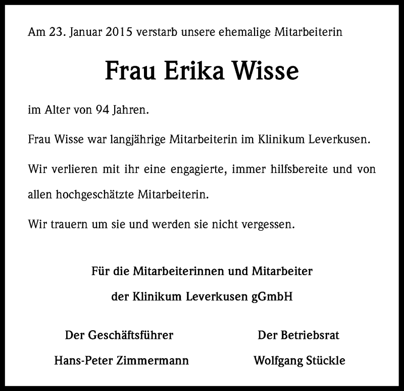  Traueranzeige für Erika Wisse vom 29.01.2015 aus Kölner Stadt-Anzeiger / Kölnische Rundschau / Express