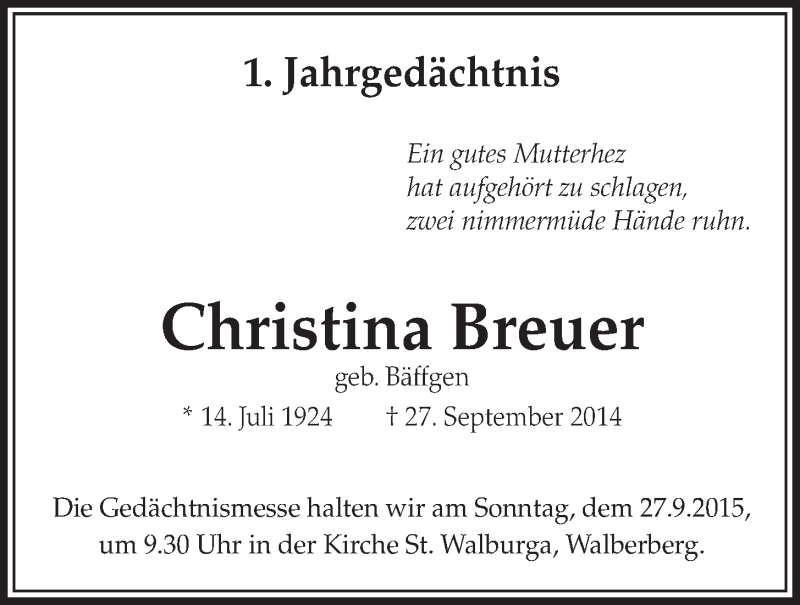  Traueranzeige für Christina Breuer vom 23.09.2015 aus  Schlossbote/Werbekurier 