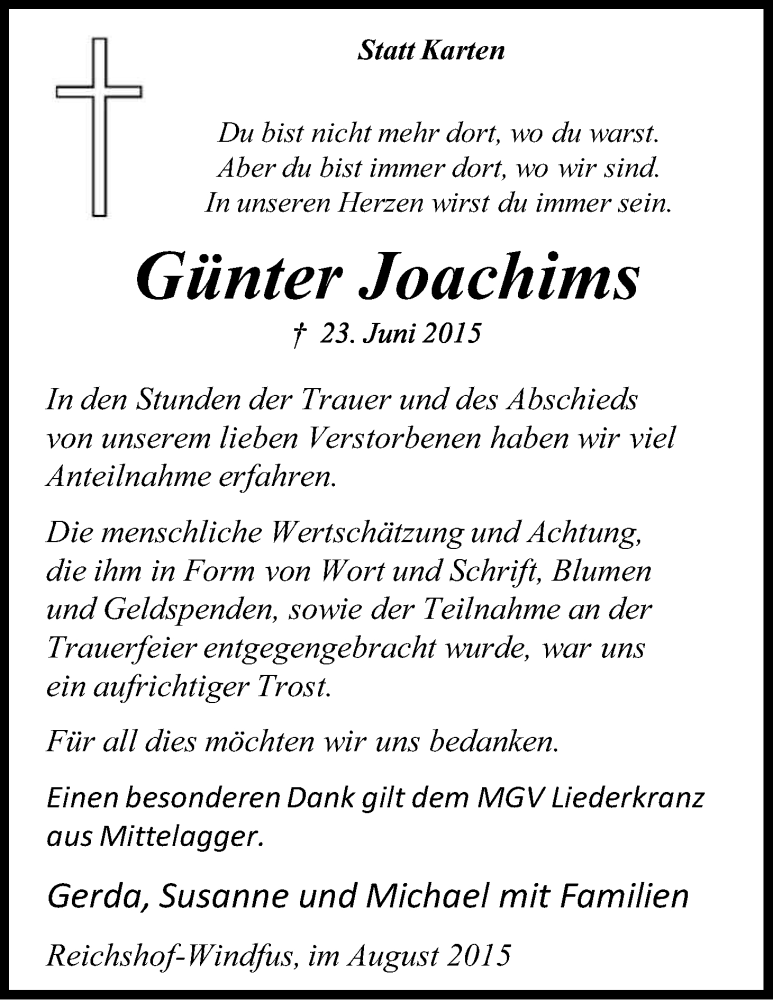  Traueranzeige für Günter Joachims vom 08.08.2015 aus Kölner Stadt-Anzeiger / Kölnische Rundschau / Express