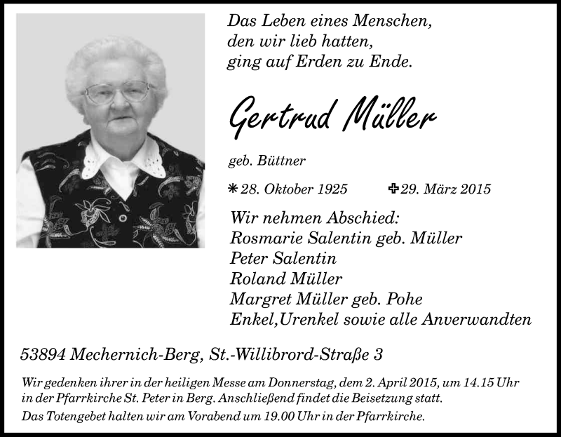  Traueranzeige für Gertrud Müller vom 31.03.2015 aus Kölner Stadt-Anzeiger / Kölnische Rundschau / Express