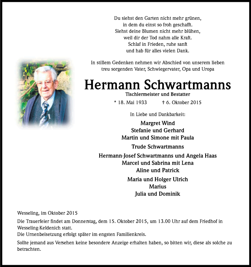  Traueranzeige für Hermann Schwartmanns vom 10.10.2015 aus Kölner Stadt-Anzeiger / Kölnische Rundschau / Express