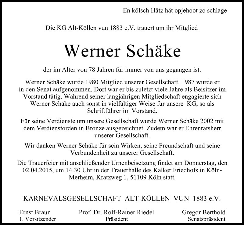  Traueranzeige für Werner Schäke vom 31.03.2015 aus Kölner Stadt-Anzeiger / Kölnische Rundschau / Express