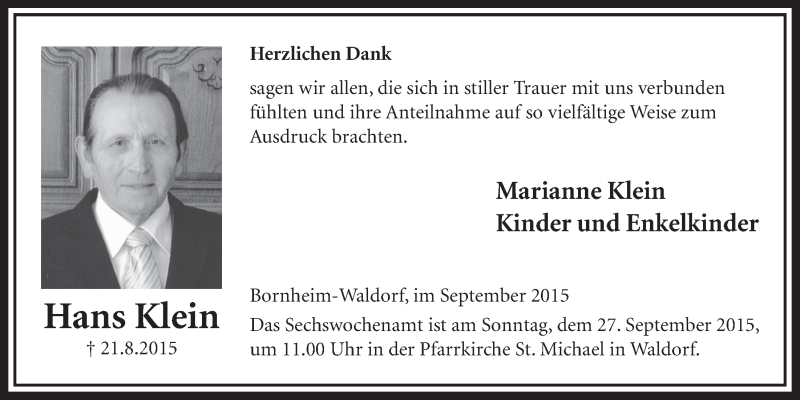  Traueranzeige für Hans Klein vom 16.09.2015 aus  Schlossbote/Werbekurier 