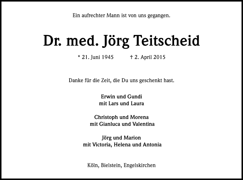  Traueranzeige für Jörg Teitscheid vom 11.04.2015 aus Kölner Stadt-Anzeiger / Kölnische Rundschau / Express