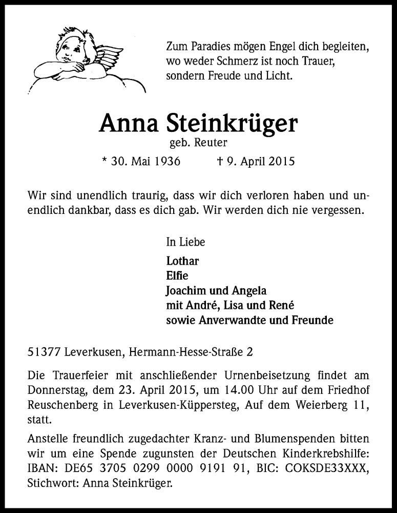  Traueranzeige für Anna Steinkrüger vom 20.04.2015 aus Kölner Stadt-Anzeiger / Kölnische Rundschau / Express