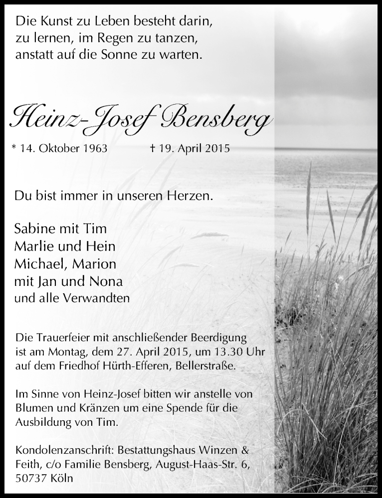  Traueranzeige für Heinz-Josef Bensberg vom 25.04.2015 aus  Sonntags-Post 