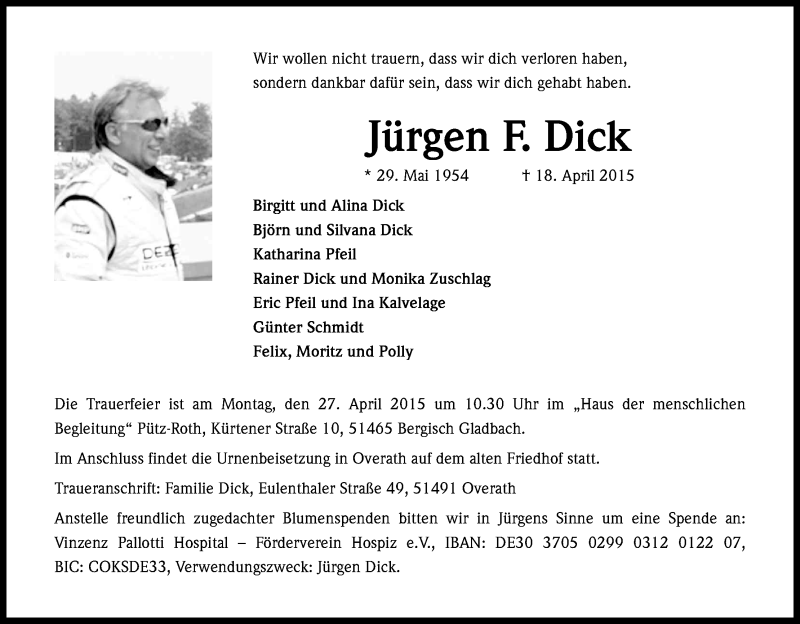  Traueranzeige für Jürgen F. Dick vom 23.04.2015 aus Kölner Stadt-Anzeiger / Kölnische Rundschau / Express