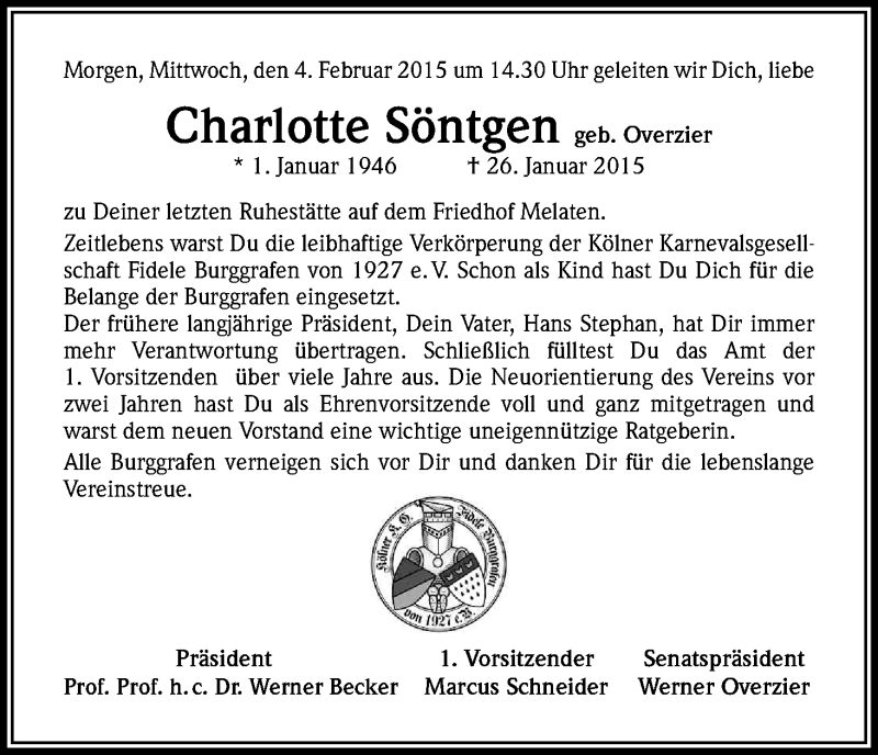  Traueranzeige für Charlotte Söntgen vom 03.02.2015 aus Kölner Stadt-Anzeiger / Kölnische Rundschau / Express