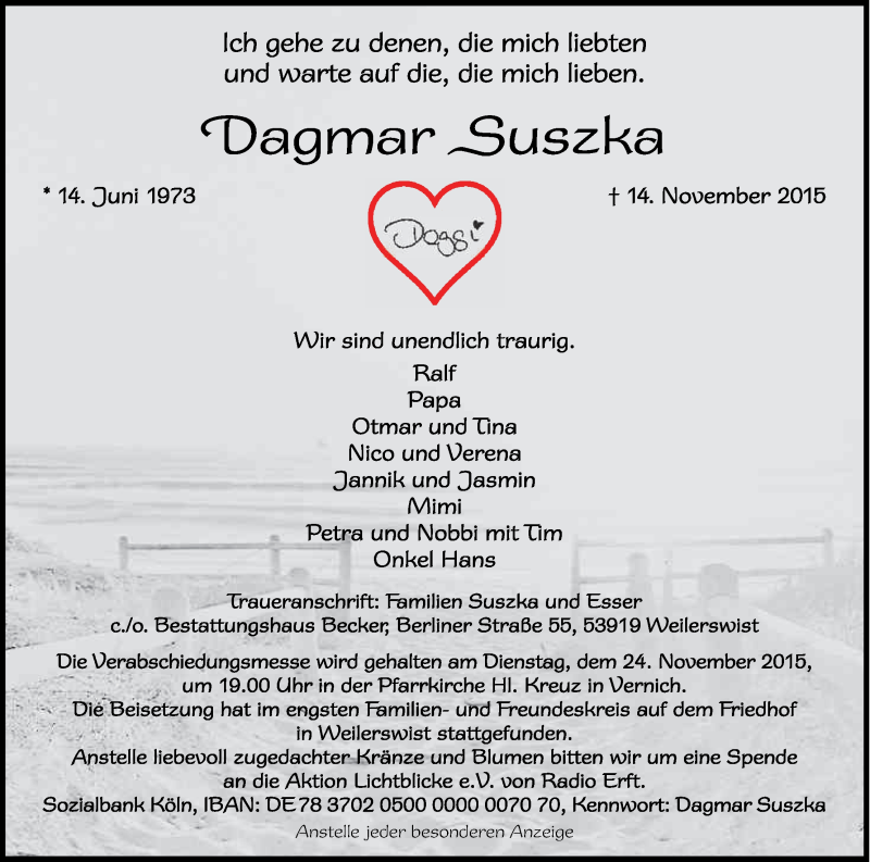  Traueranzeige für Dagmar Suszka vom 21.11.2015 aus Kölner Stadt-Anzeiger / Kölnische Rundschau / Express