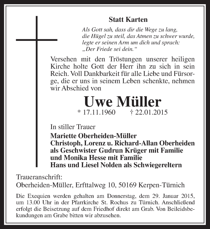  Traueranzeige für Uwe Müller vom 28.01.2015 aus  Werbepost 