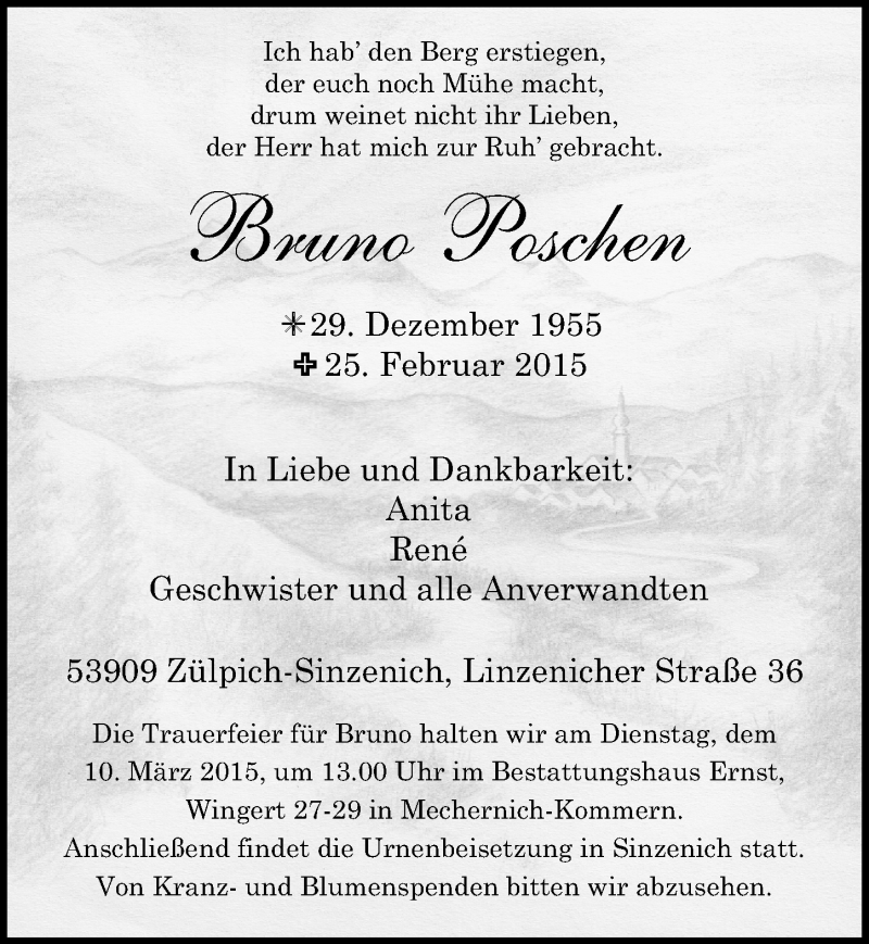  Traueranzeige für Bruno Poschen vom 08.03.2015 aus  Blickpunkt Euskirchen 