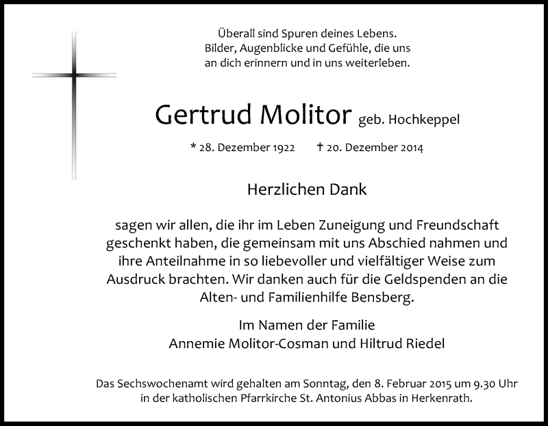 Traueranzeige für Gertrud Molitor vom 29.01.2015 aus Kölner Stadt-Anzeiger / Kölnische Rundschau / Express