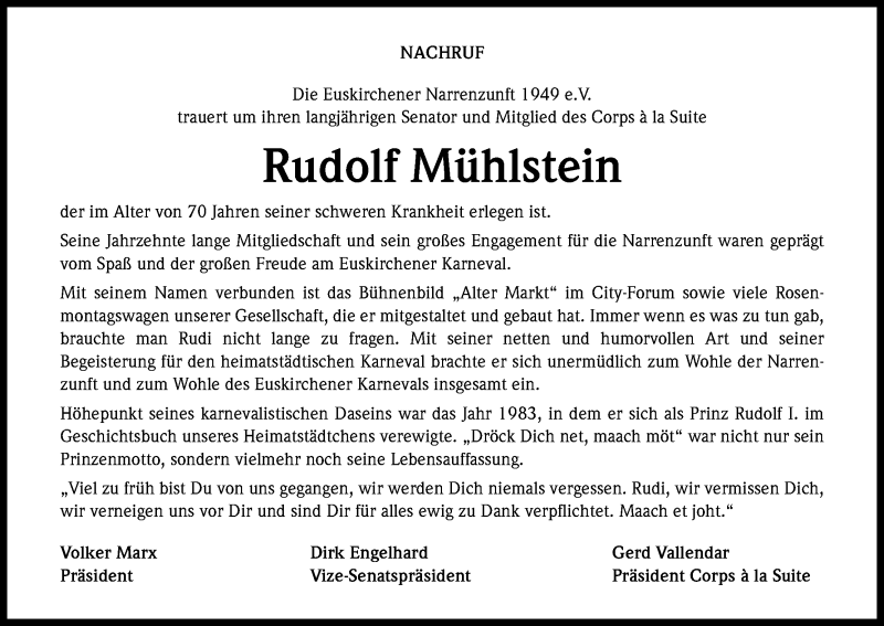  Traueranzeige für Rudolf Mühlstein vom 04.02.2015 aus Kölner Stadt-Anzeiger / Kölnische Rundschau / Express