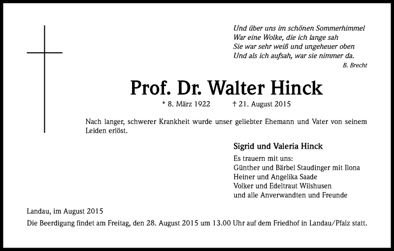  Traueranzeige für Walter Hinck vom 27.08.2015 aus Kölner Stadt-Anzeiger / Kölnische Rundschau / Express