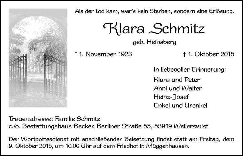  Traueranzeige für Klara Schmitz vom 04.10.2015 aus  Blickpunkt Euskirchen 