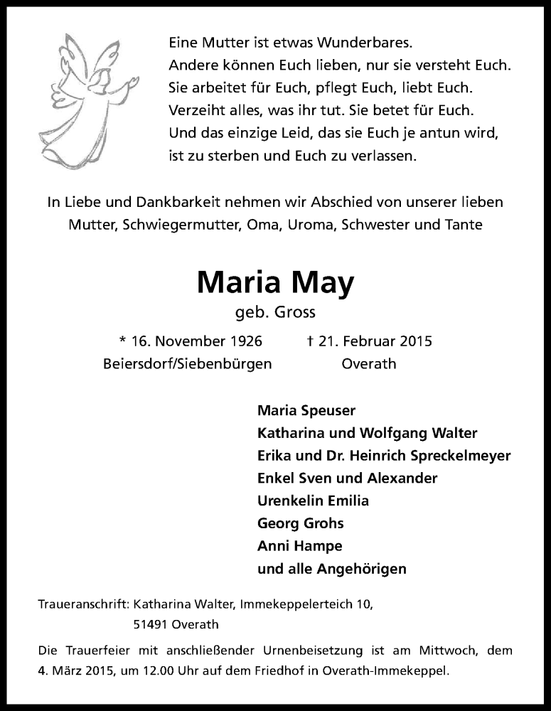  Traueranzeige für Maria May vom 25.02.2015 aus Kölner Stadt-Anzeiger / Kölnische Rundschau / Express