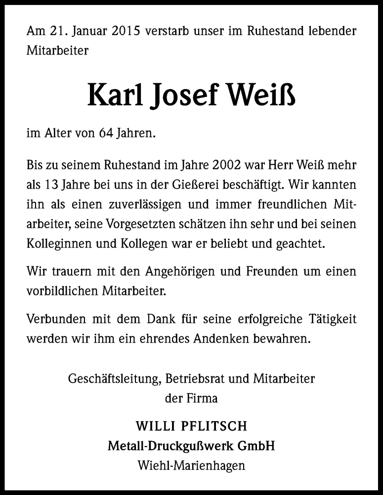  Traueranzeige für Karl Josef Weiß vom 29.01.2015 aus Kölner Stadt-Anzeiger / Kölnische Rundschau / Express