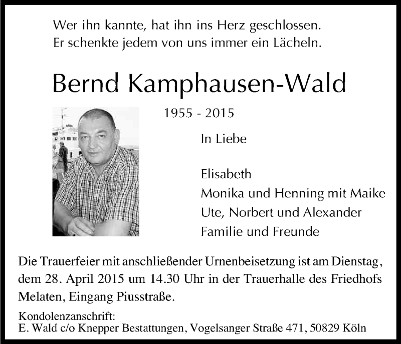  Traueranzeige für Bernd Kamphausen-Wald vom 18.04.2015 aus Kölner Stadt-Anzeiger / Kölnische Rundschau / Express