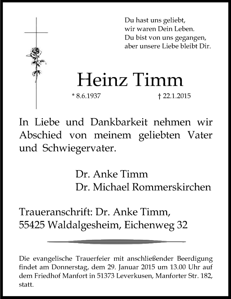  Traueranzeige für Heinz Timm vom 27.01.2015 aus Kölner Stadt-Anzeiger / Kölnische Rundschau / Express