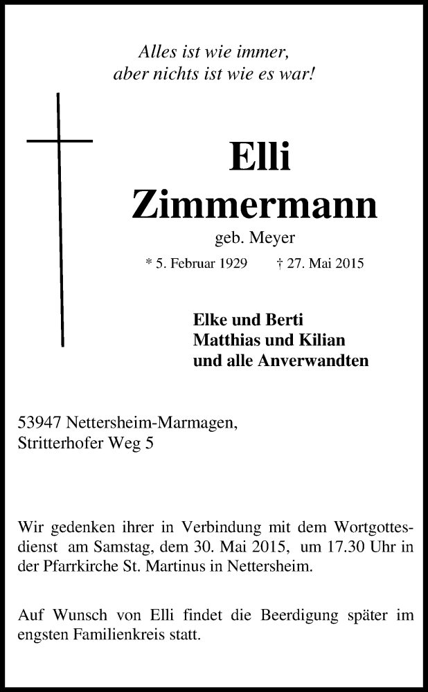  Traueranzeige für Elli Zimmermann vom 29.05.2015 aus Kölner Stadt-Anzeiger / Kölnische Rundschau / Express