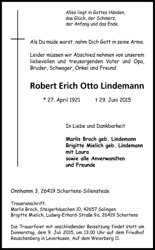  Traueranzeige für Robert Erich Otto Lindemann vom 04.07.2015 aus Kölner Stadt-Anzeiger / Kölnische Rundschau / Express