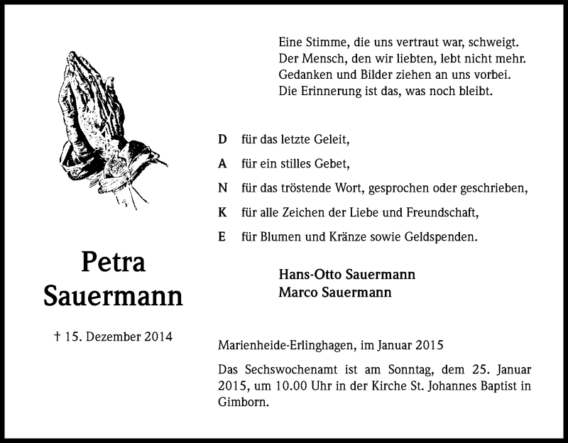  Traueranzeige für Petra Sauermann vom 17.01.2015 aus Kölner Stadt-Anzeiger / Kölnische Rundschau / Express