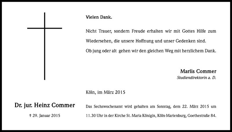  Traueranzeige für Heinz Commer vom 14.03.2015 aus Kölner Stadt-Anzeiger / Kölnische Rundschau / Express
