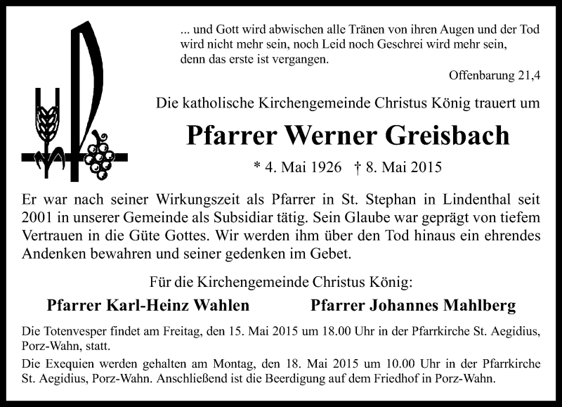  Traueranzeige für Werner Greisbach vom 13.05.2015 aus  Kölner Wochenspiegel 