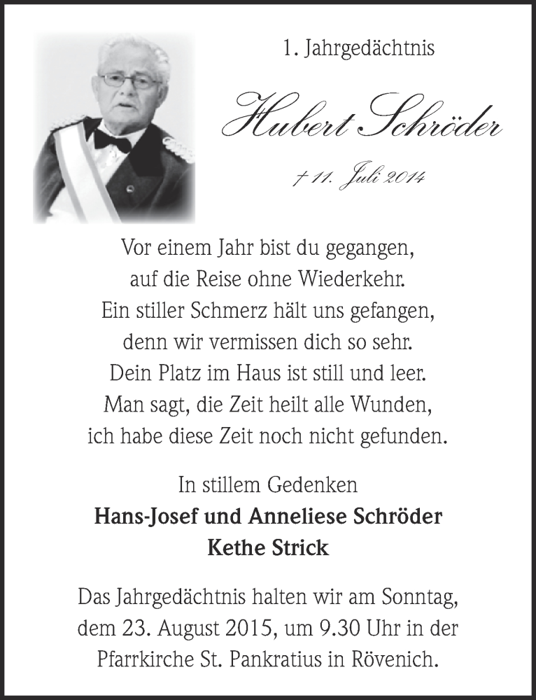  Traueranzeige für Hubert Schröder vom 16.08.2015 aus  Blickpunkt Euskirchen 