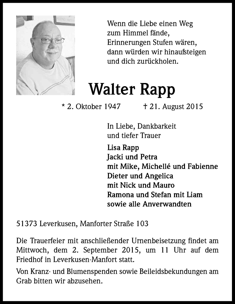  Traueranzeige für Walter Rapp vom 29.08.2015 aus Kölner Stadt-Anzeiger / Kölnische Rundschau / Express
