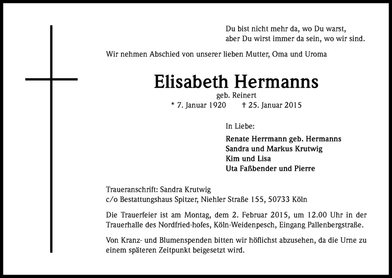  Traueranzeige für Elisabeth Hermanns vom 29.01.2015 aus Kölner Stadt-Anzeiger / Kölnische Rundschau / Express