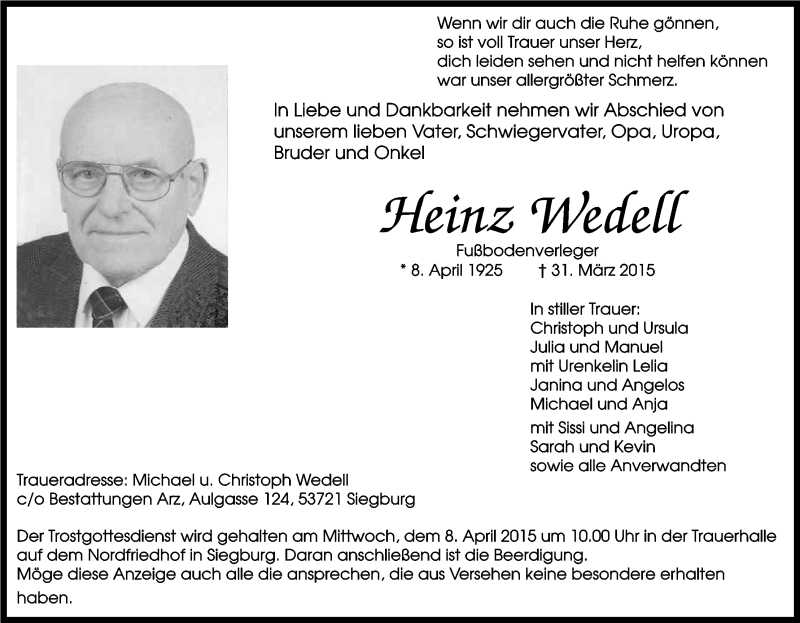 Traueranzeige für Heinz Wedell vom 04.04.2015 aus Kölner Stadt-Anzeiger / Kölnische Rundschau / Express