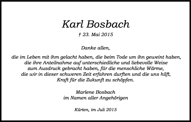  Traueranzeige für Karl Bosbach vom 08.07.2015 aus Kölner Stadt-Anzeiger / Kölnische Rundschau / Express