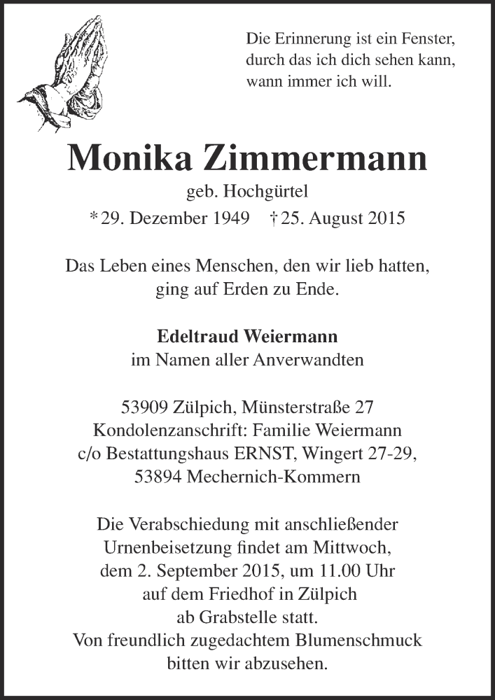  Traueranzeige für Monika Zimmermann vom 30.08.2015 aus  Blickpunkt Euskirchen 