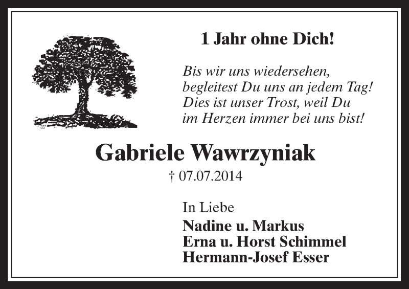  Traueranzeige für Gabriele Wawrzyniak vom 08.07.2015 aus  Werbepost 
