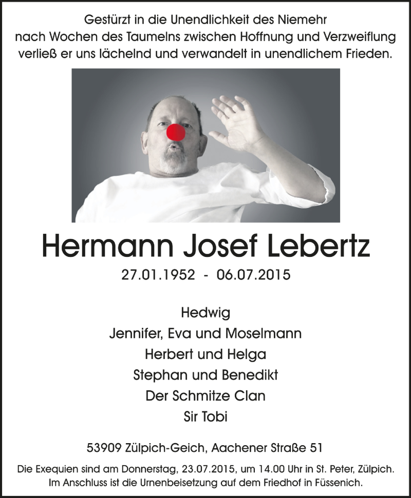  Traueranzeige für Hermann Josef Lebertz vom 19.07.2015 aus Köln - Wir Trauern