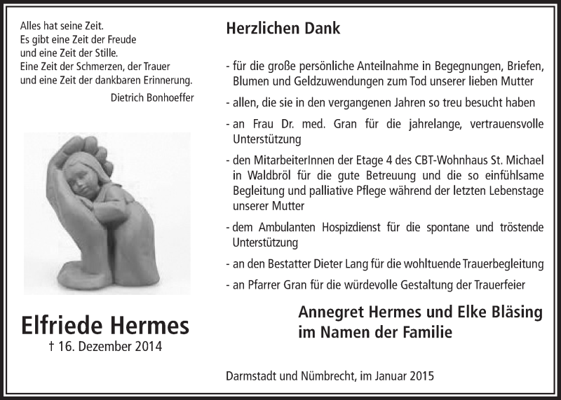  Traueranzeige für Elfriede Hermes vom 21.01.2015 aus  Lokalanzeiger 