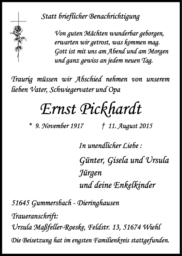  Traueranzeige für Ernst Pickhardt vom 29.08.2015 aus Kölner Stadt-Anzeiger / Kölnische Rundschau / Express