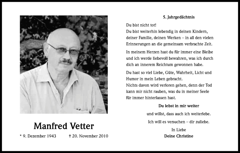  Traueranzeige für Manfred Vetter vom 20.11.2015 aus Kölner Stadt-Anzeiger / Kölnische Rundschau / Express
