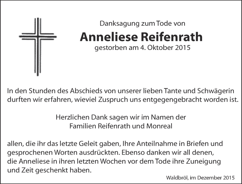  Traueranzeige für Anneliese Reifenrath vom 09.12.2015 aus  Lokalanzeiger 