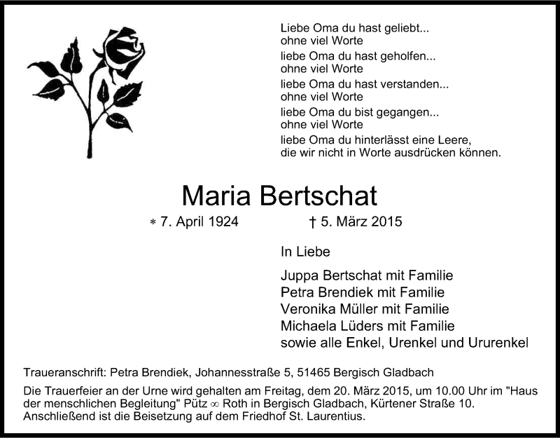  Traueranzeige für Maria Bertschat vom 14.03.2015 aus Kölner Stadt-Anzeiger / Kölnische Rundschau / Express
